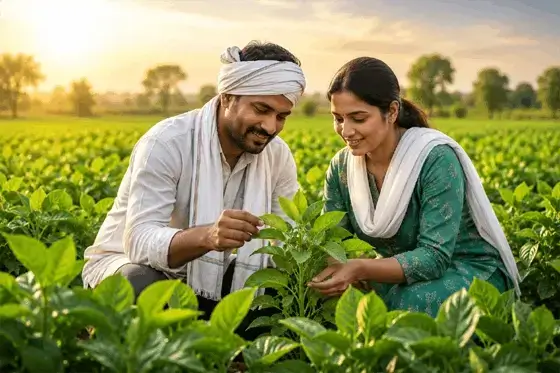 Farmers checking crops